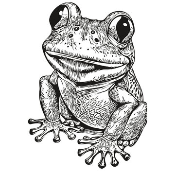 Funny cartoon frog, line art illustration ink sketch toad
