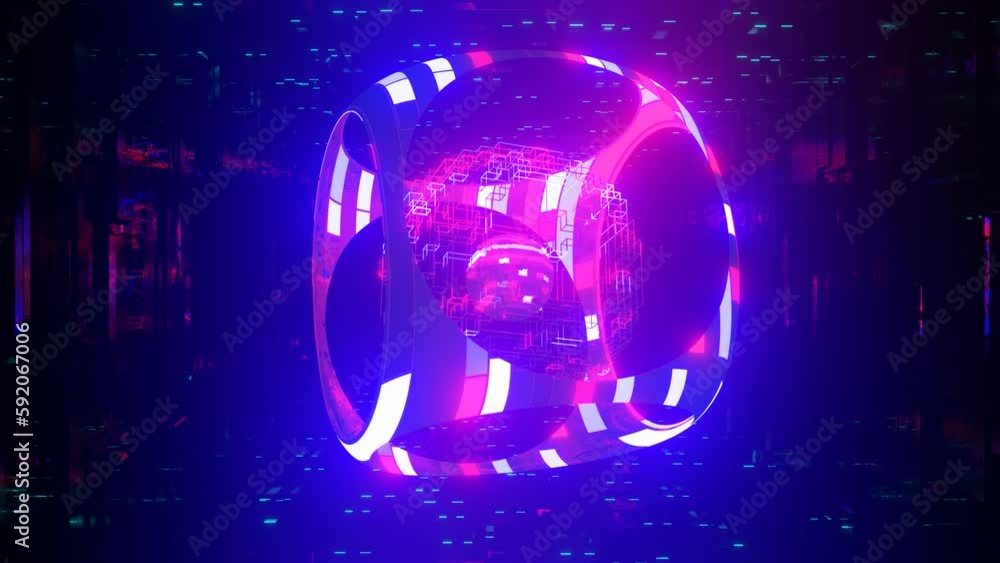 Poster 3d object or structure rotates and moves inside glass mirror tunnel with neon light, bright reflecti