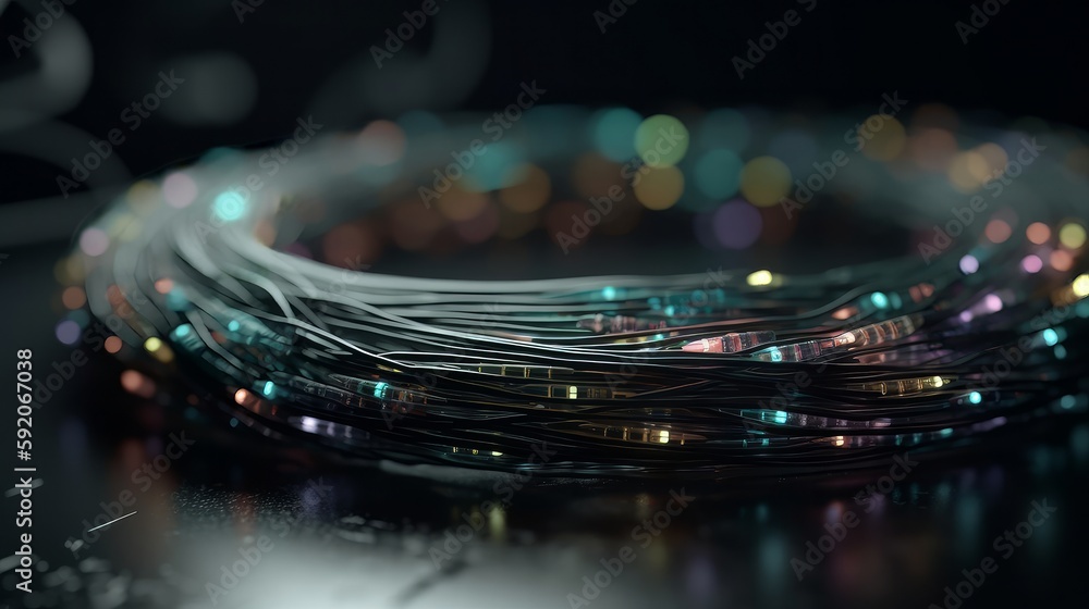 Poster a thin, flexible cable with glass fibers transmitting data through light signals. generative ai
