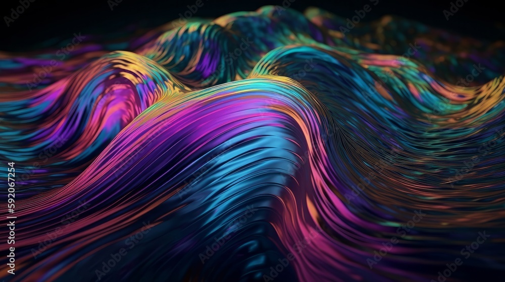 Poster fluid holographic curved wave in motion, designed using the golden ratio composition for an aestheti