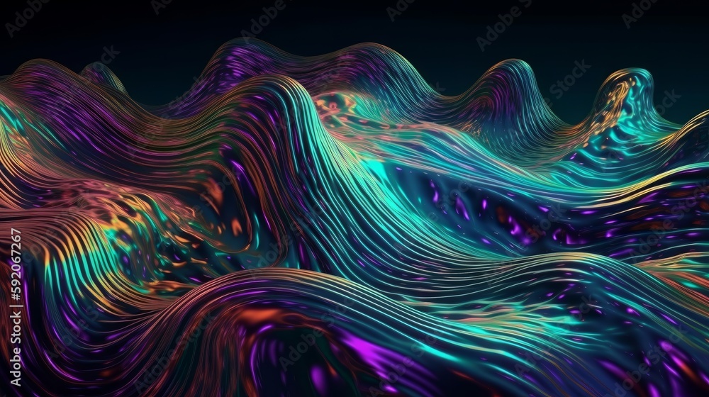 Poster fluid holographic curved wave in motion, designed using the golden ratio composition for an aestheti