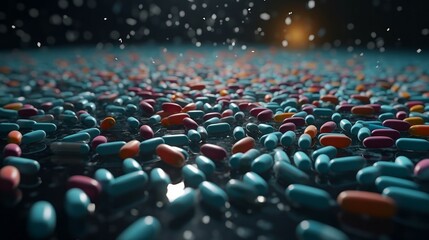 Obraz premium An illustration of a floor filled with colorful pills, Generative Ai.