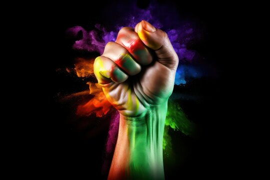  Rainbow colors painted hand raised making fist on a black background. LGBT pride symbol. Generative AI