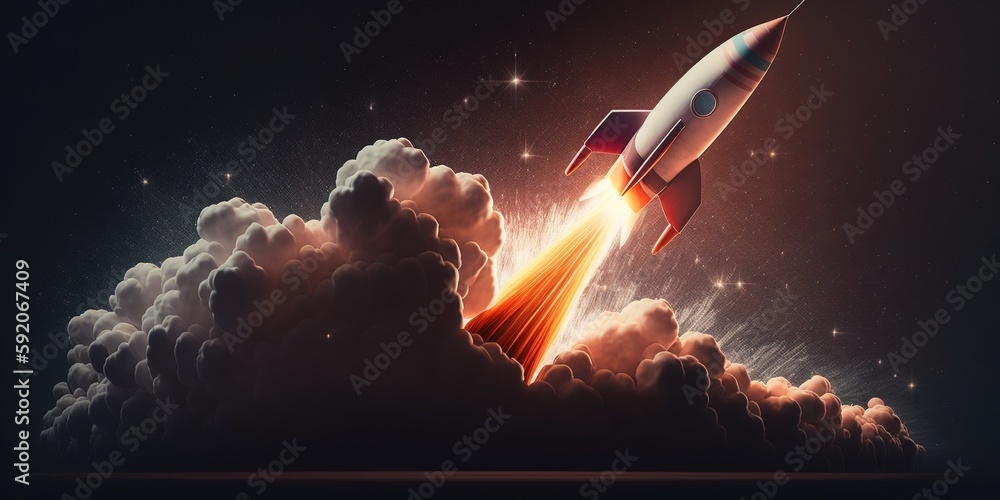Poster conceptualization of a rocket taking off and climbing steeply on a graph, representing a sharp incre