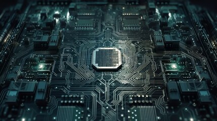Fototapeta premium A circuit board texture in black and green creates a futuristic and dynamic look. Generative ai