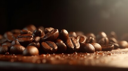 Roasted coffee beans on dark background. Close up. Generative ai