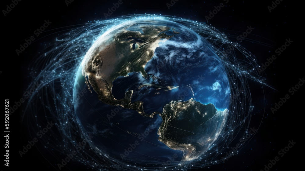 Poster Image of the planet Earth in space experimental fiber - optic communications and Internet communications. Generative ai