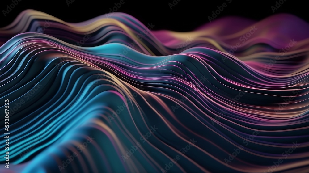 Poster Abstract fluid iridescent holographic neon curved wave in motion colorful background 3d render. Generative AI