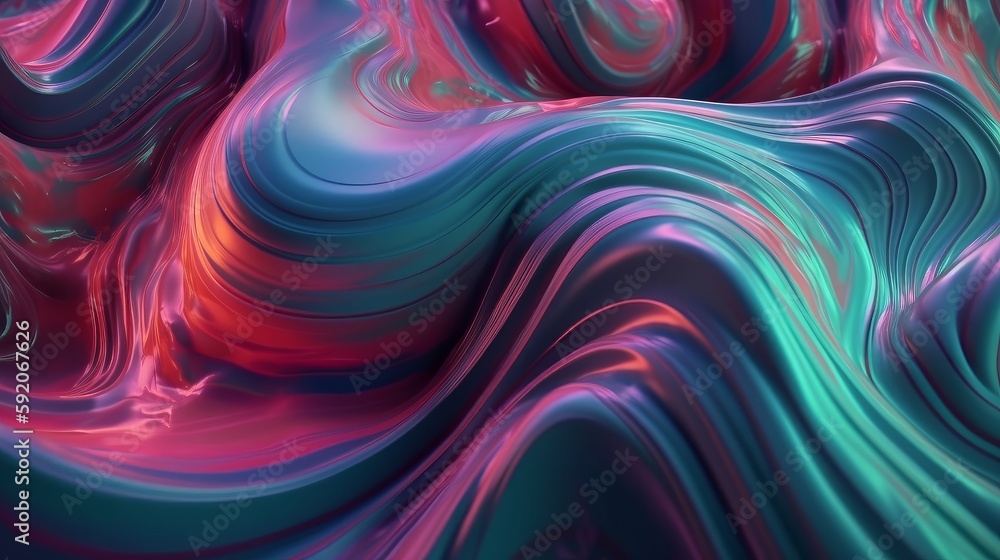 Poster Abstract fluid iridescent holographic neon curved wave in motion colorful background 3d render. Generative AI