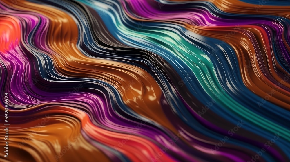 Poster Abstract fluid iridescent holographic neon curved wave in motion colorful background 3d render. Generative AI