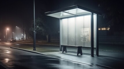 Modern Bus Stop at Night, Blank Space for Advertisement Mock Up, Generative AI