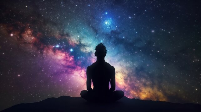 Mental Health Concept, Cosmic Man Silhouette In Meditation In Colorful Space. Generative Ai