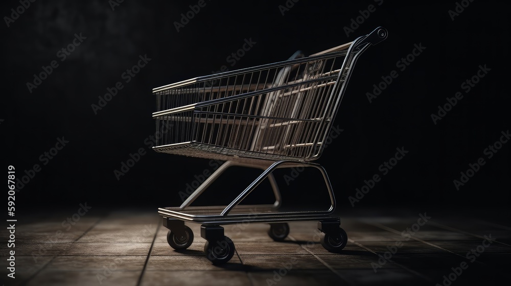Poster illustration of a black shopping cart element in a dark scene. generative ai