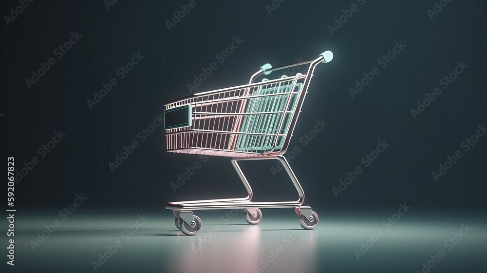 Poster illustration of a black shopping cart element in a dark scene. generative ai