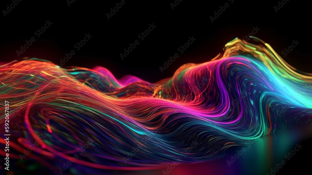Poster abstract fluid iridescent holographic neon curved wave in motion colorful background 3d render. gene