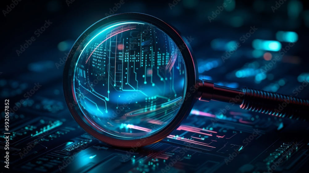 Poster Smart data search engine symbolize by magnifying glass with neon trail light. Generative ai