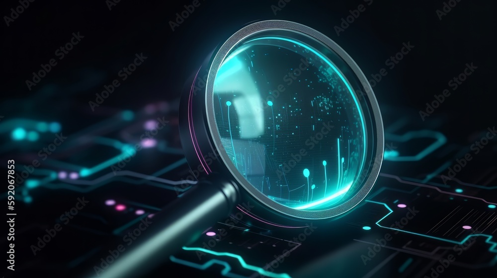 Aufkleber Smart data search engine symbolize by magnifying glass with neon trail light. Generative ai