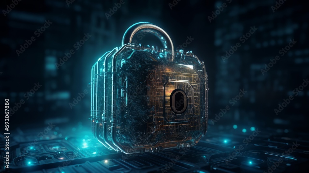 Poster Cyber security of network and data, padlock symbol - firewall, protection against hackers. Generative AI