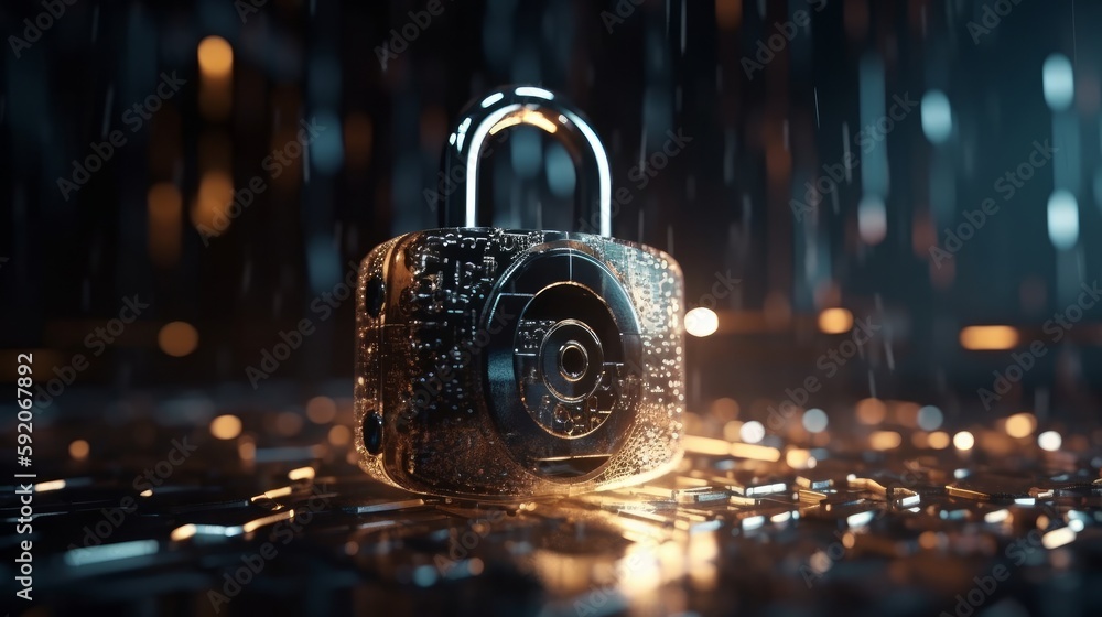 Poster Cyber security of network and data, padlock symbol - firewall, protection against hackers. Generative AI