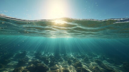 Fototapeta na wymiar Sunlight shining, the surface of the blue ocean, sea, with dark waters. Generative ai