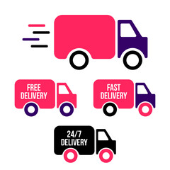 Set of delivery icons. Fast delivery, free delivery, 24/7 delivery trucks. Vector illustration set