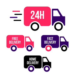 Set of delivery icons. Fast delivery, free delivery, 24 hours, home delivery trucks. Vector illustration set