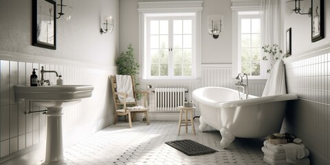 Obraz na płótnie Canvas A bright and airy Bathroom with a charming beadboard accent wall, chic black and white floor tiles, and country-style sconces, generative ai