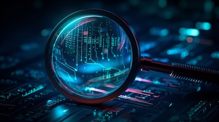 Smart data search engine symbolize by magnifying glass with neon trail light. Generative ai