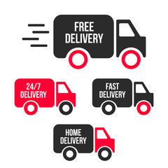 Set of delivery icons. Fast delivery, free delivery, 24/7 delivery, home delivery trucks. Vector illustration set