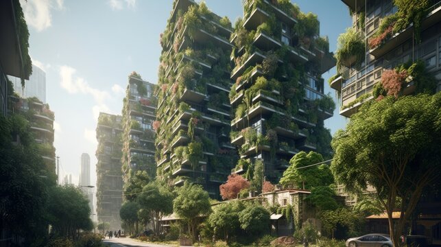 Splendid environmental awareness city with vertical forest concept of metropolis covered with green plants. Generative ai