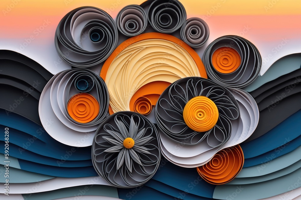 Poster intricately folded paper art with vibrant colors and patterns. generative ai