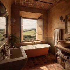 Obraz na płótnie Canvas A classic Tuscan-style bathroom with terracotta and stone textures, featuring a large picture window offering stunning views of the countryside, generative ai