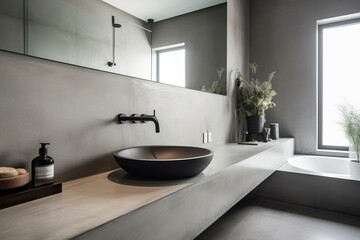Naklejka na ściany i meble A chic Minimalist Bathroom with Concrete vanity and Brushed Metal faucets, generative ai