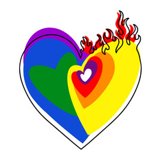 Burning heart,color of the homosexual rainbow flag, lgbtq lgbt community, gay symbol, Pride parade, isolated, linear drawn art, t-shirt print, card,colorful banner, illustration,burn,fire hot hearts