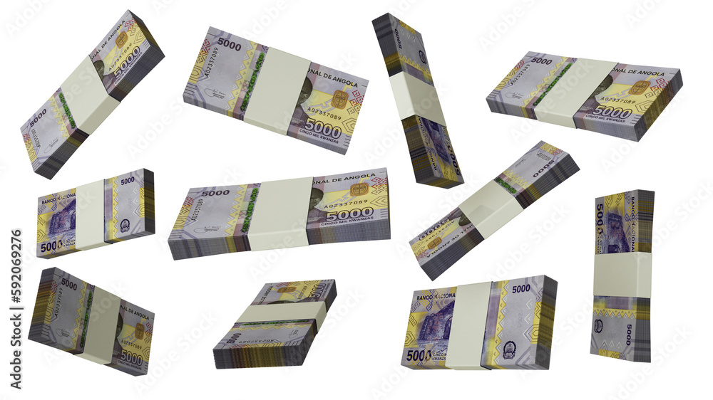 Poster 3d rendering of stacks of angolan kwanza notes flying in different angles and orientations isolated 