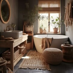 Fototapeta na wymiar A cozy, earthy Bathroom with woven textiles and ceramic tiles, generative ai