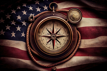Compass and ship on usa flag close up. top view. Happy Labor Day. Generative Ai