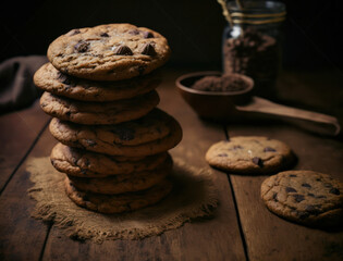a stack of homemade cookies on a wooden table, rustic style . generative AI