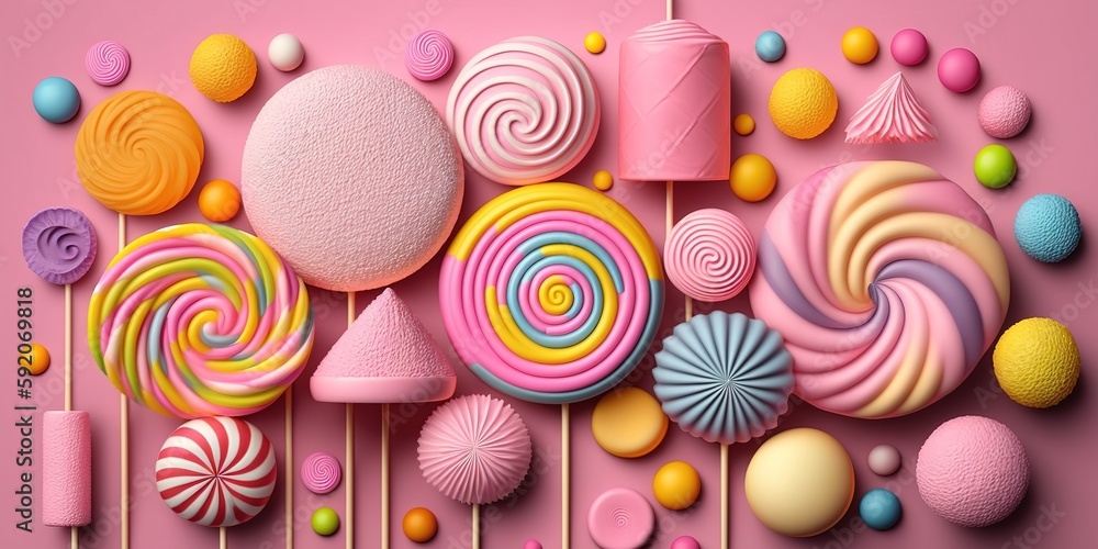 Aufkleber candies and lollipops in various colors seen from the front, isolated on a pink background represent