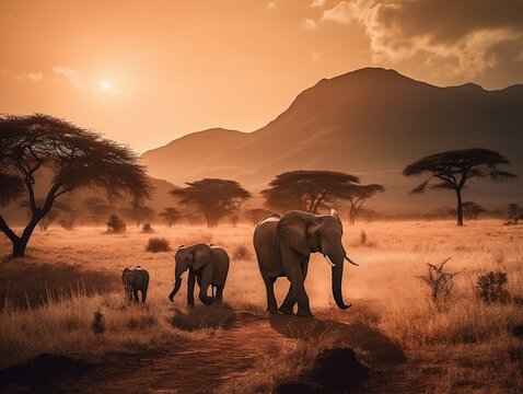 The photograph shows a family of elephants walking across a savannah. The sun is setting, casting a warm orange glow on the grass and the elephants' skin. In the background, there are trees and mounta