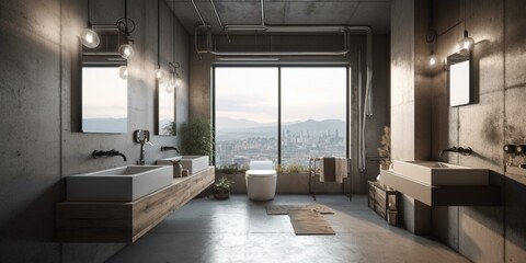 Fototapeta na wymiar A contemporary minimalist Bathroom with industrial Concrete walls and Metallic lighting, generative ai