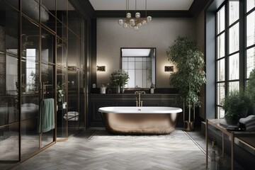 Fototapeta na wymiar A glamorous Mid-Century Modern Bathroom with a mix of metal and glass decor elements, generative ai
