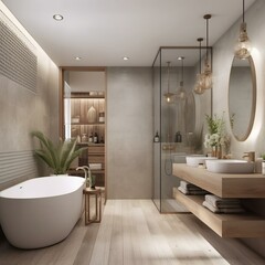 Fototapeta na wymiar A calming Bathroom with a subdued color palette, brushed Metal accents and translucent Glass fixtures for a serene ambiance, generative ai