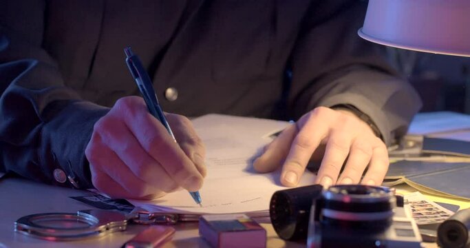 Writing a secret document by the hands of the KGB. Use pens to analyze information and look for evidence. Use of handwriting.