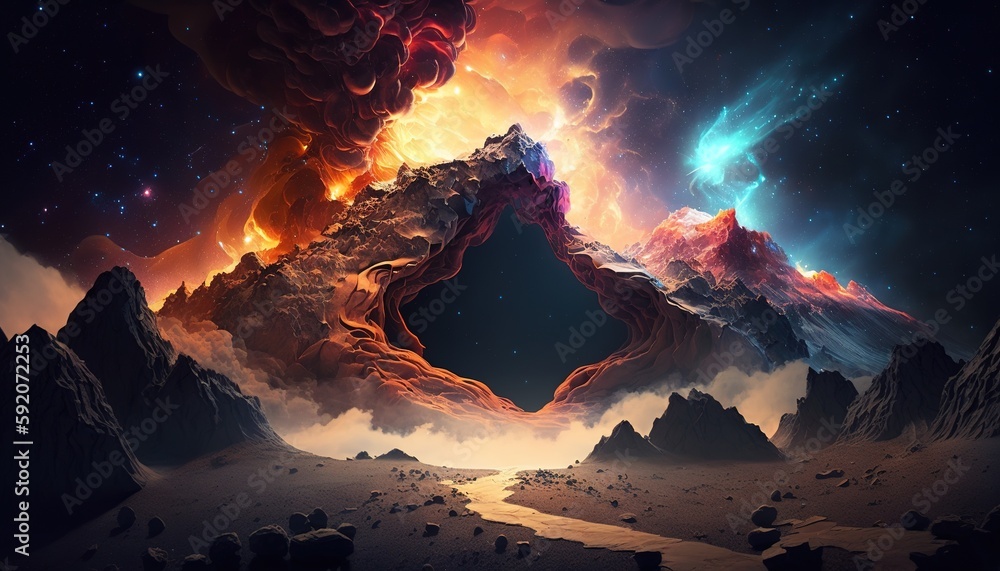 Poster background of nebulae in a computer-generated landscape generative ai