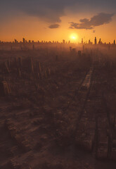 sun set on the ruined city,  world of darkness and despair, a place where hope had long since died, ghost town, dead metropolis, skyline, ruins, generative ai generativ ki