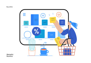 Memphis business illustration. Buy online -modern flat vector concept illustration of a woman with a shopping cart choosing articles in a shop app. Commercial business sales metaphor.