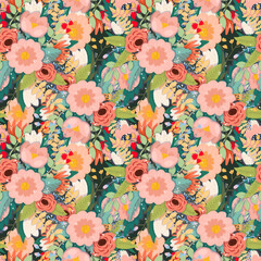 Seamless stylized decorative pattern with colorful flowers and leaves on a dark background