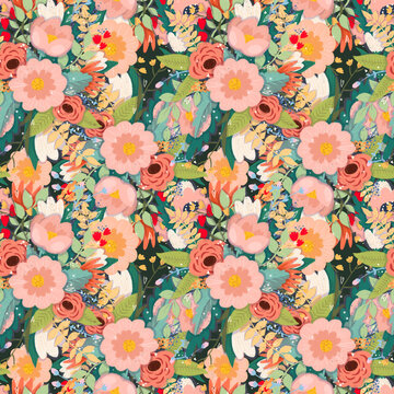 Seamless stylized decorative pattern with colorful flowers and leaves on a dark background