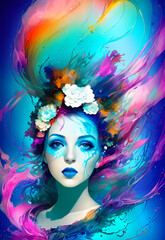 Naklejka premium abstract colorful underwater ink art of a beautiful woman, romantic lighting, generative ai generativ ki, digital painting, watercolor, aquarelle